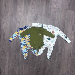 Set of three: (LtoR) 0-3mo Emporio Baby, 3mo Carhartt & 3mo Member’s Mark Onsies